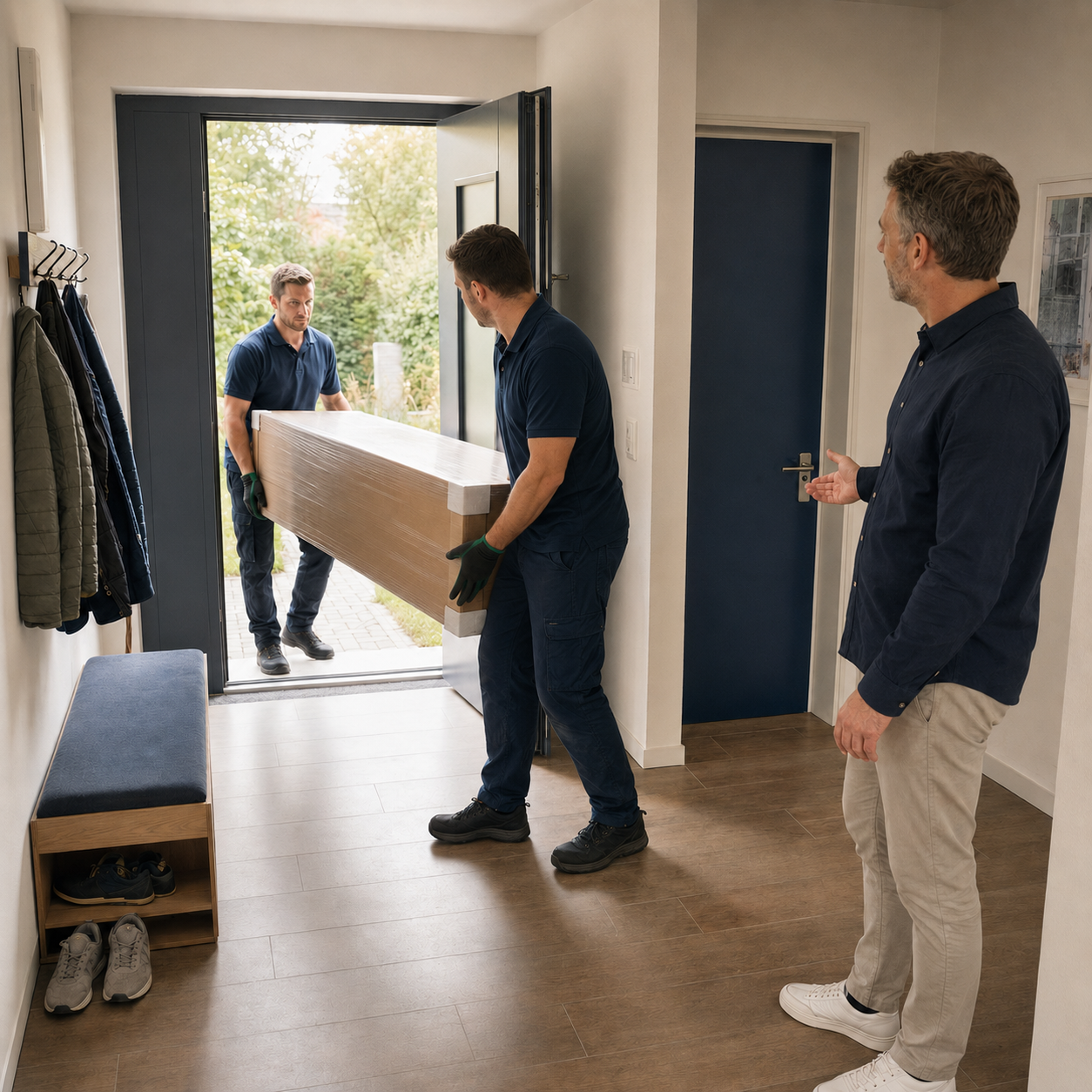 Logistikmanager beobachtet eine Zwei-Mann-Zustellung im Eingangsbereich aus Sicht des Empfängers