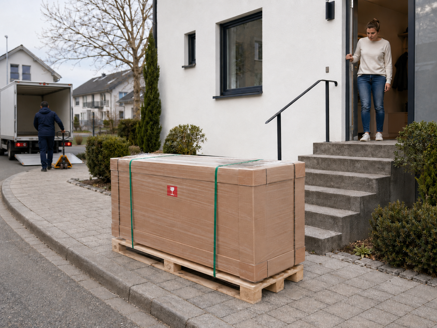 Große Speditionssendung steht an der Bordsteinkante, während die Empfängerin vor der Haustür wartet