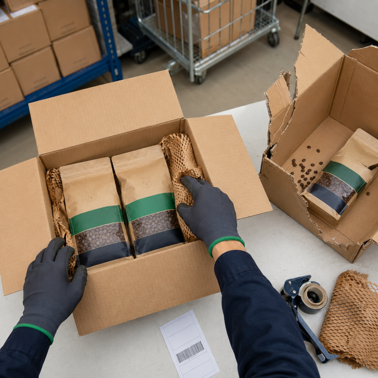 Mitarbeiter verpackt eine beschädigte Sendung neu und schützt damit das Kundenerlebnis