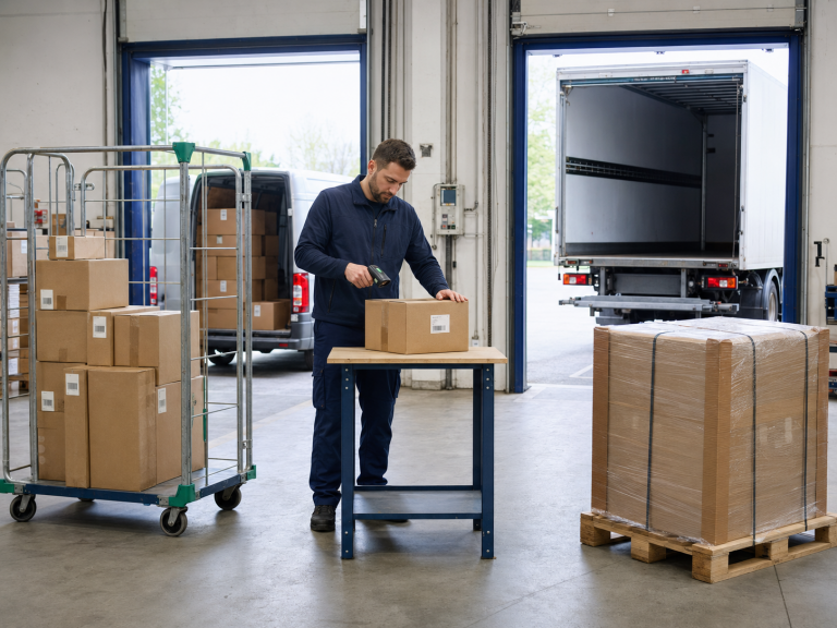 Mitarbeiter ordnet Paket- und Speditionssendungen im Warenausgang den passenden Lieferwegen zu