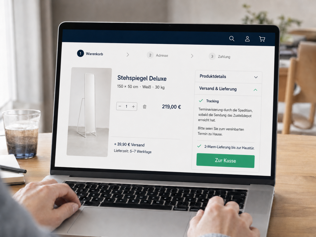 Warenkorb eines Onlineshops mit Stehspiegel und Angaben zu Lieferzeit, Versandkosten, Tracking und 2-Mann-Zustellung.