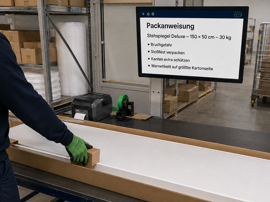 Lagermitarbeiter verpackt einen empfindlichen Stehspiegel mit Kantenschutz nach einer digitalen Packanweisung.
