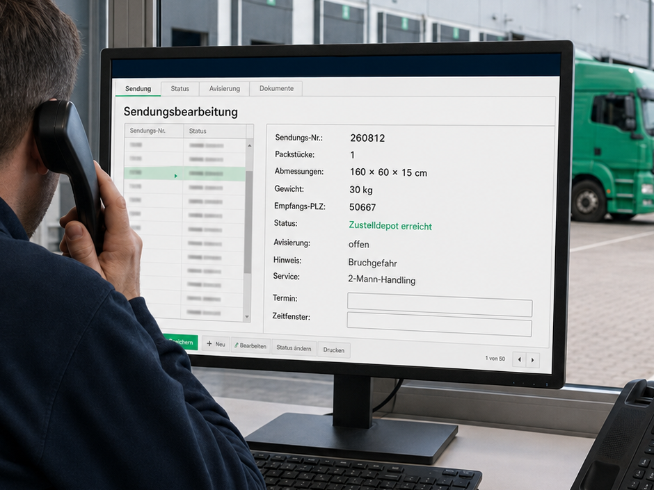 Disponent avisiert telefonisch die Lieferung eines bruchgefährdeten Stehspiegels im Zustelldepot