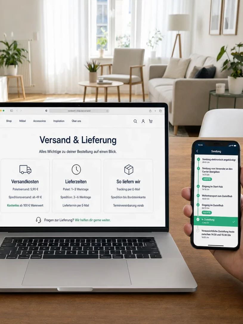 Laptop und Smartphone zeigen verständliche Versandinformationen und den Sendungsstatus
