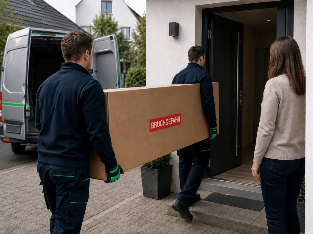 Zwei Zusteller tragen den verpackten Stehspiegel bis zur Haustür des Kunden